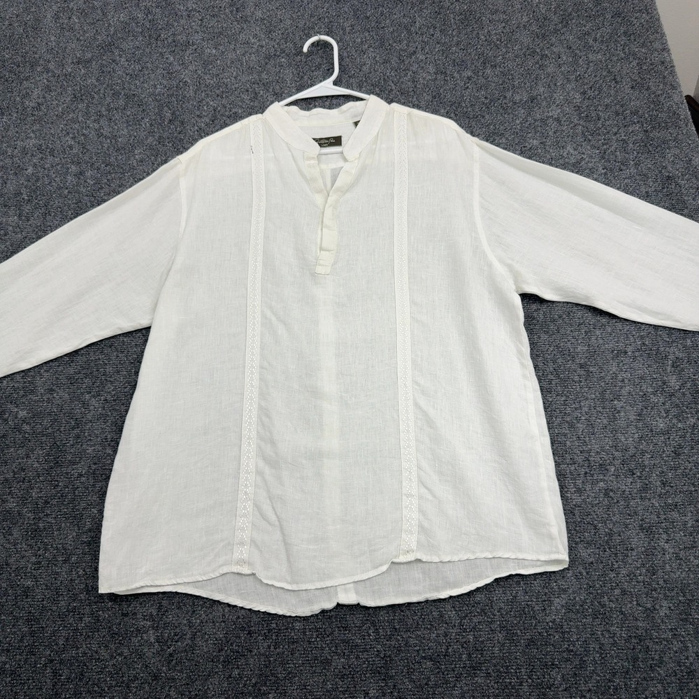 Fernando Pena Shirt Men L White Linen Guayabera Pintuck Mock Neck Casual Summer